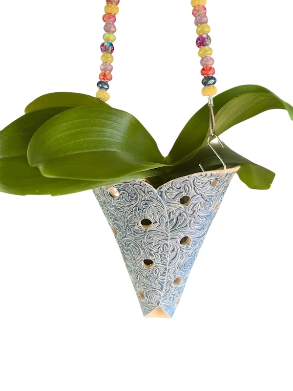 Light blue textured hanging orchid pot