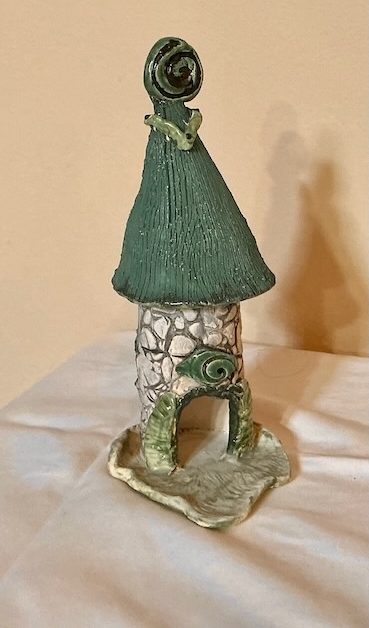 Ceramic Fairy House with Green Conical Roof