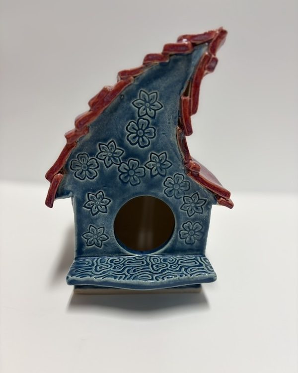 Blue Birdhouse with Impressed design and Red Roof