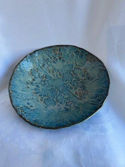 Shallow Teal Textured Bowl with Flower motif